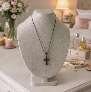 Hematite Cross Necklace On Cord 90s Unisex Vintage - Pre-loved (16"-26")